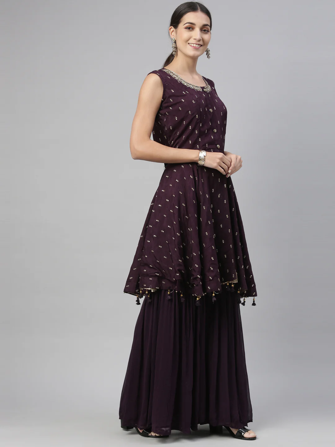 Neerus Wine Color Silk Fabric Kurta Set - Image 2
