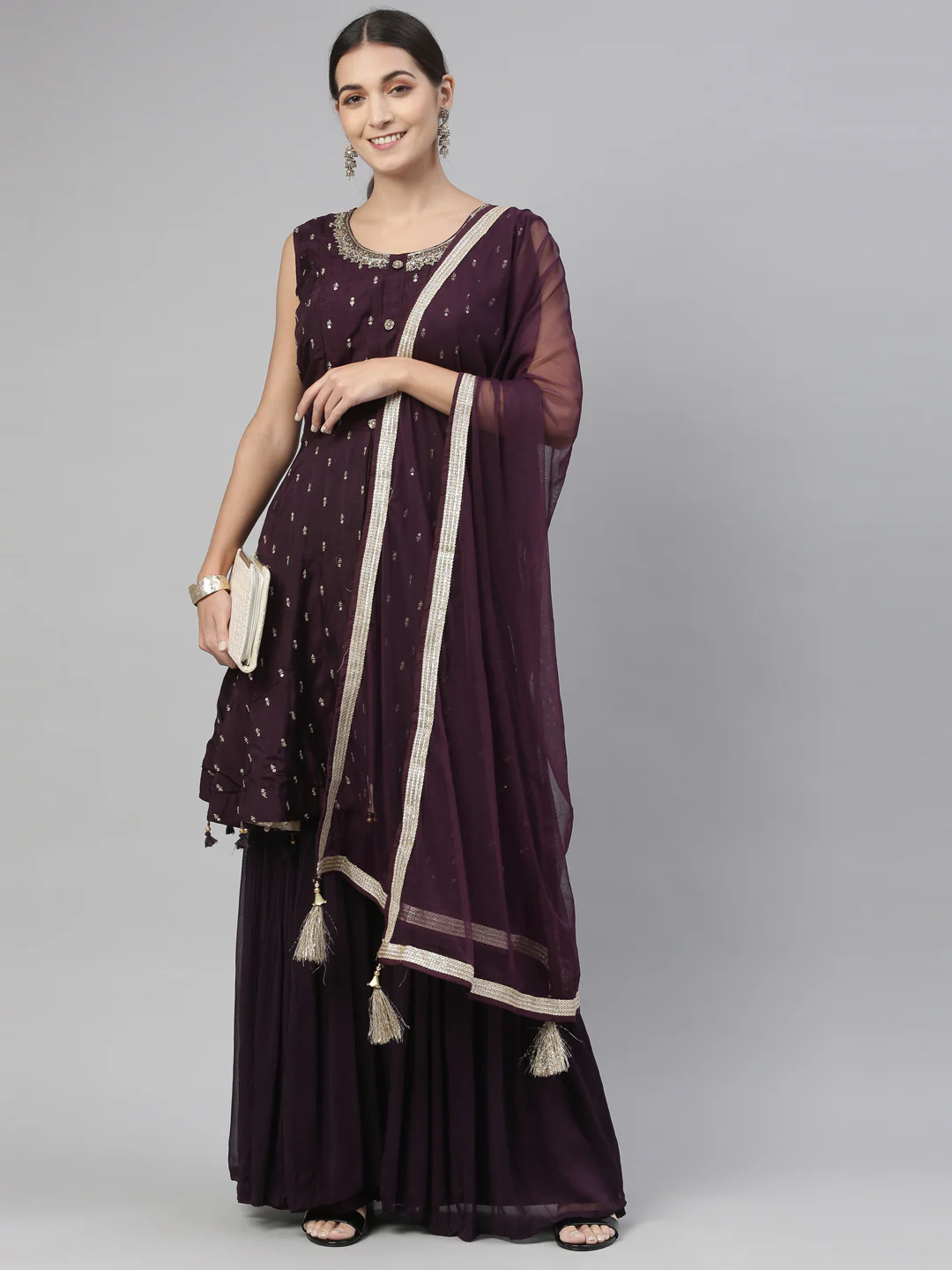 Neerus Wine Color Silk Fabric Kurta Set - Image 3