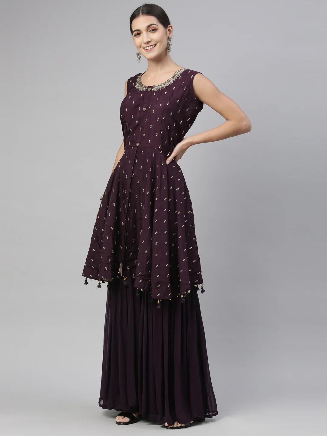 Neerus Wine Color Silk Fabric Kurta Set - Image 4