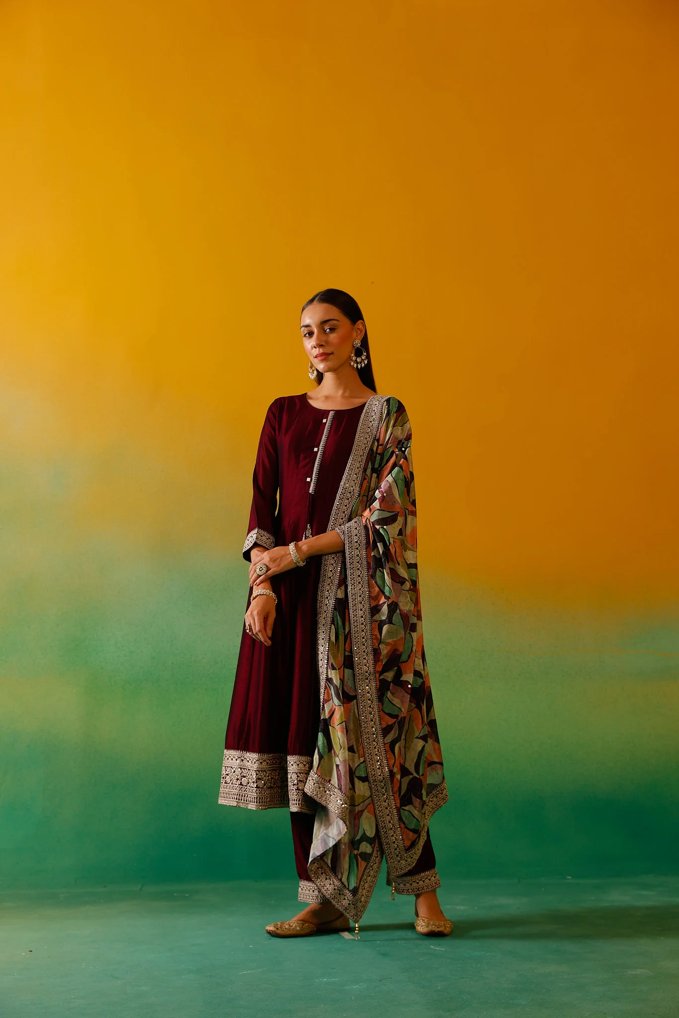 Neerus Wine Embroidery Vichitra Silk Fabric Anarkali Trouser and Dupatta - Image 6