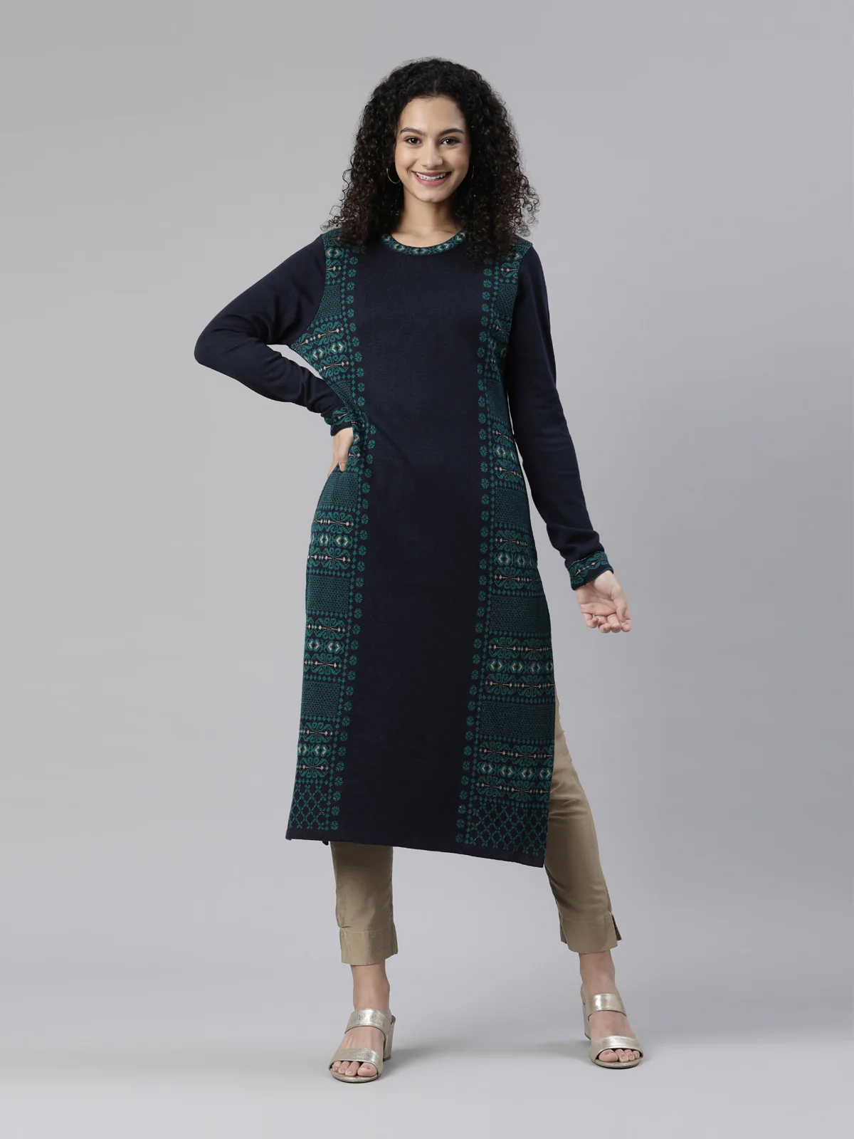 Neerus Winter Wear Woven Design Acrylic Kurta For Women