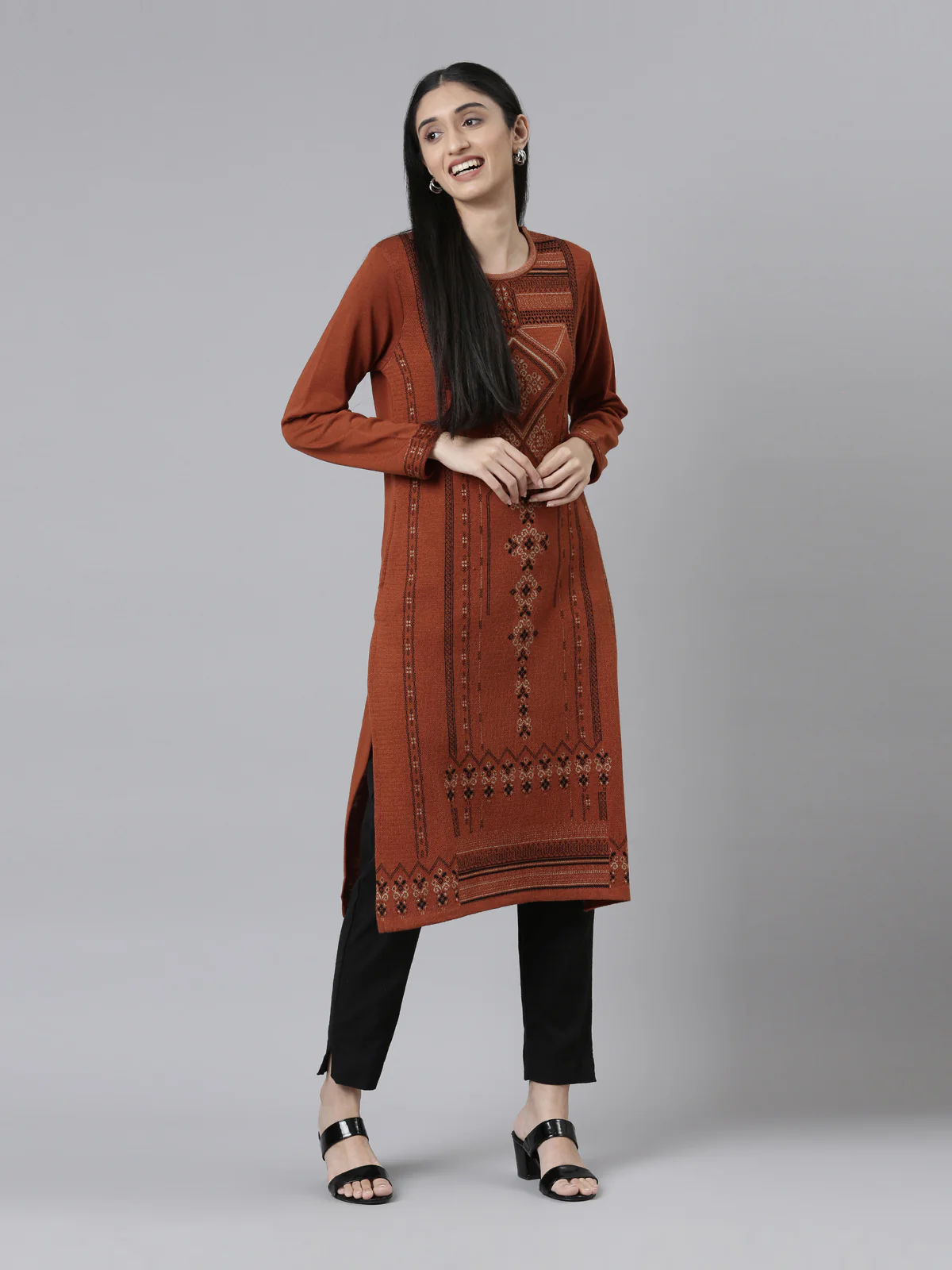 Neerus Winter Wear Woven Design Acrylic Kurta For Women