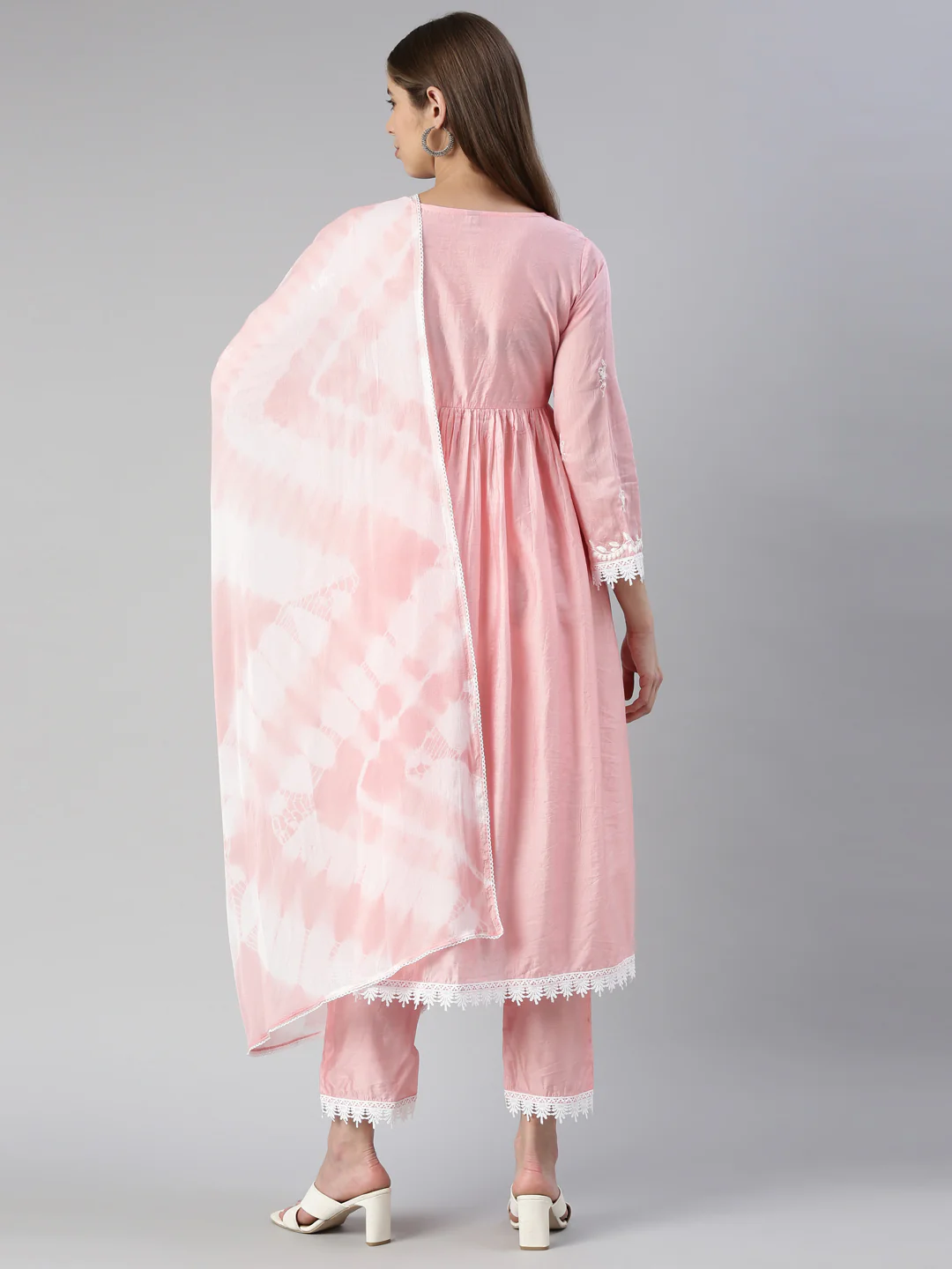 Neerus Women Baby Pink Solid Calf Length Kurta And Trousers With Dupatta - Image 3