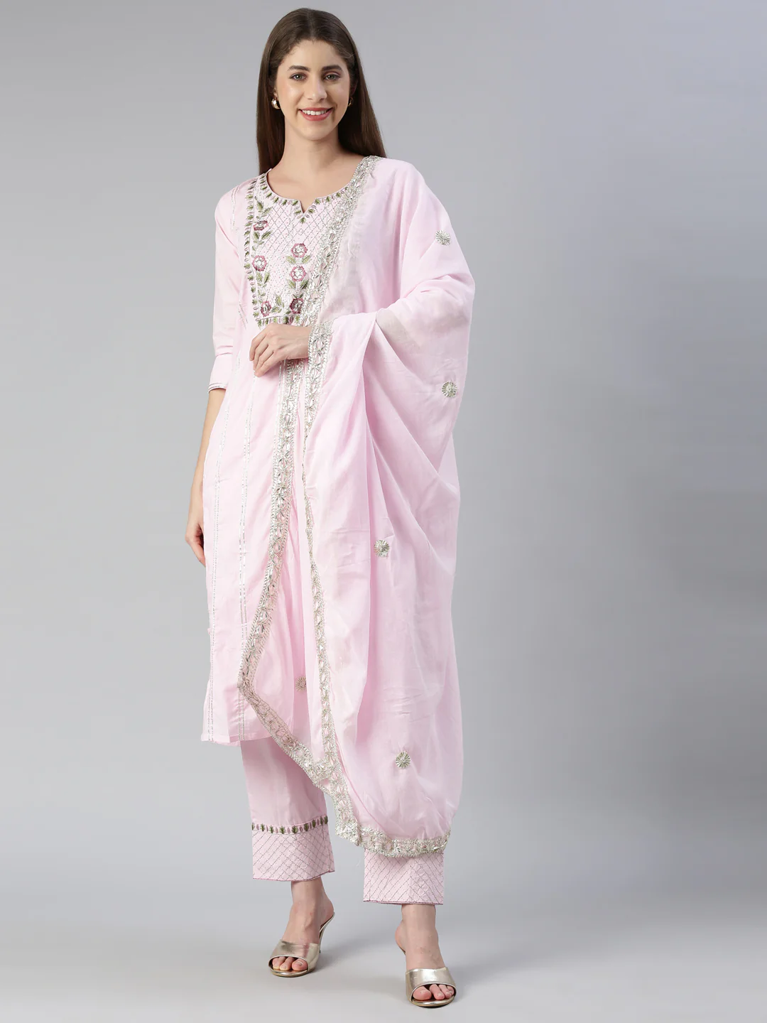 Neerus Women Baby Pink Yoke Design Calf Length Kurta And Trousers With Dupatta - Image 5