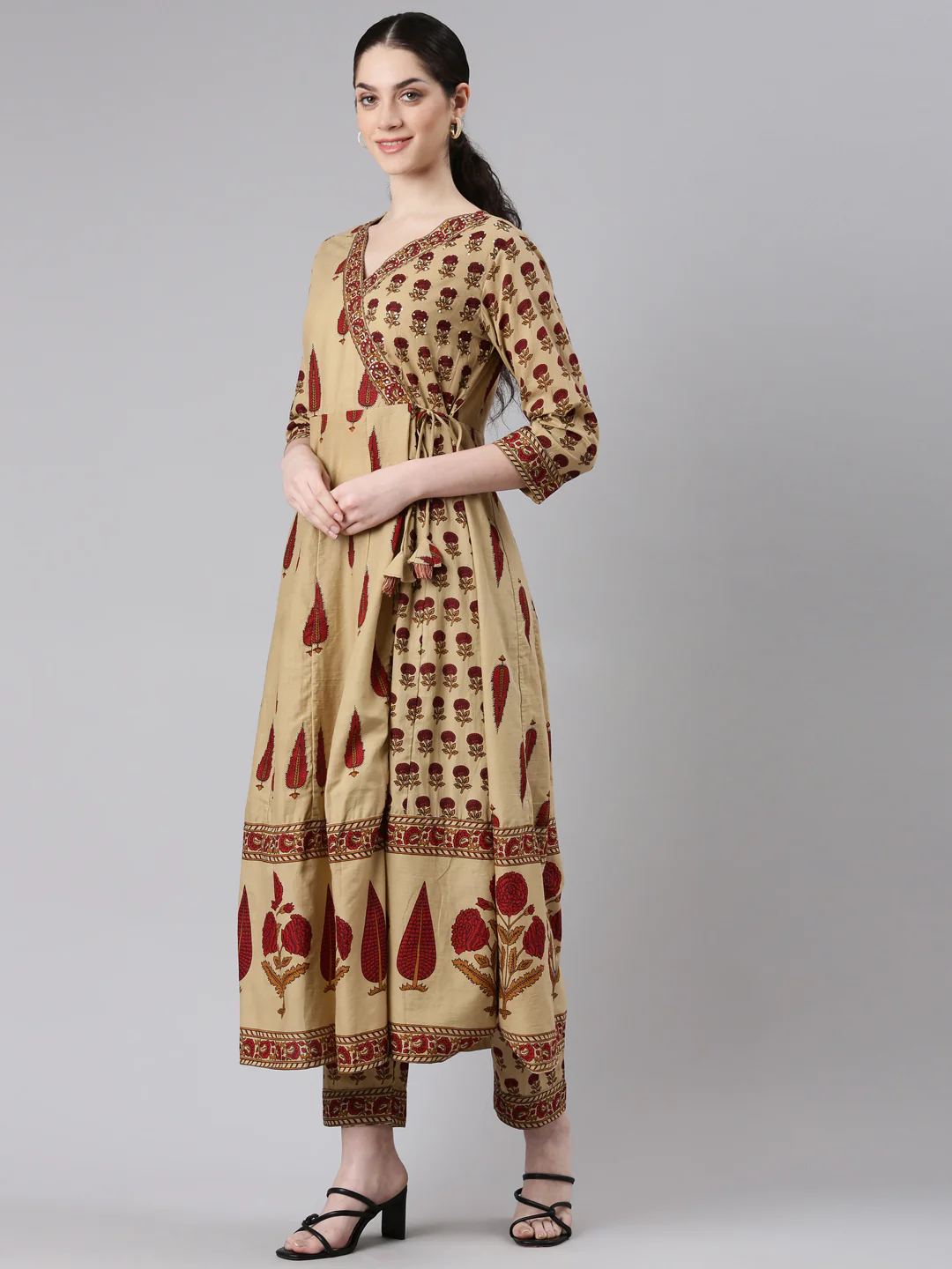 Neerus Women Beige Anarkali Kurta and Trousers With Dupatta - Image 2