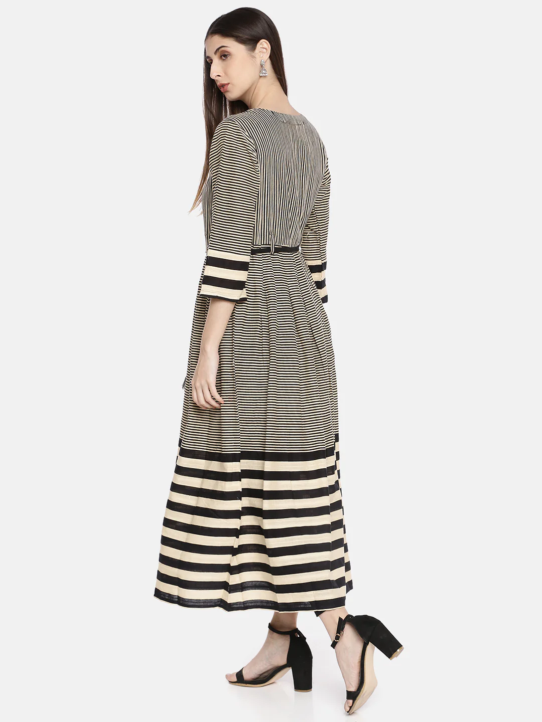 Neerus Women Beige Black Striped A-Line Kurta - Image 4