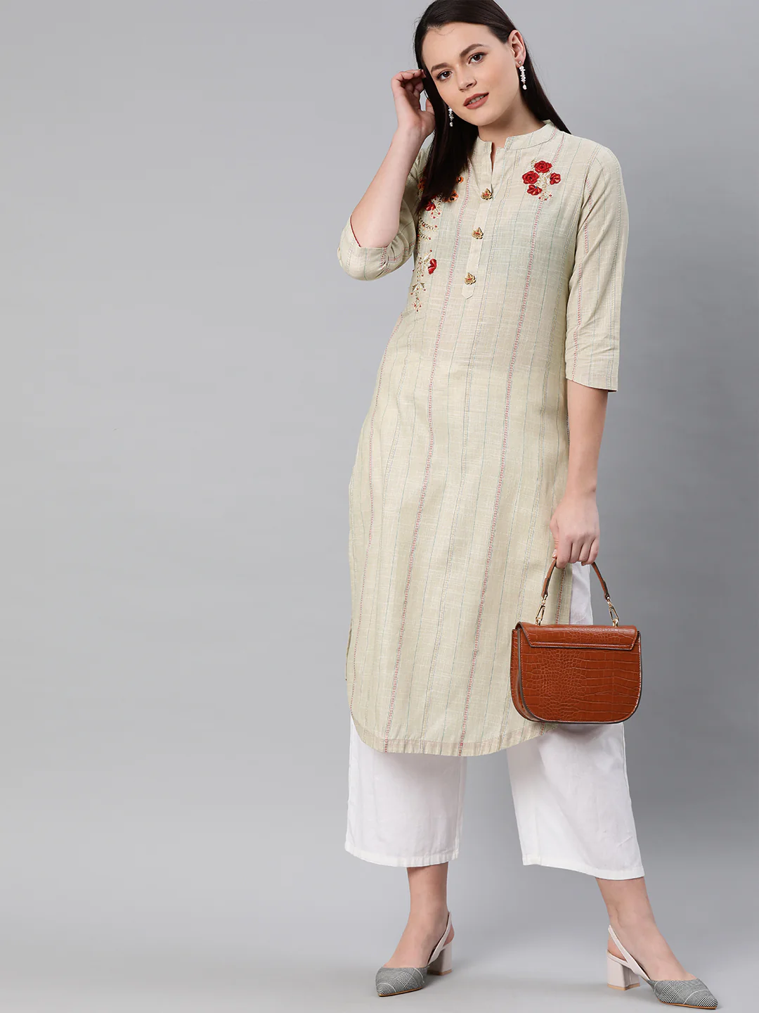 Neerus Women Beige Blue Striped Straight Kurta With Applique Detail - Image 5