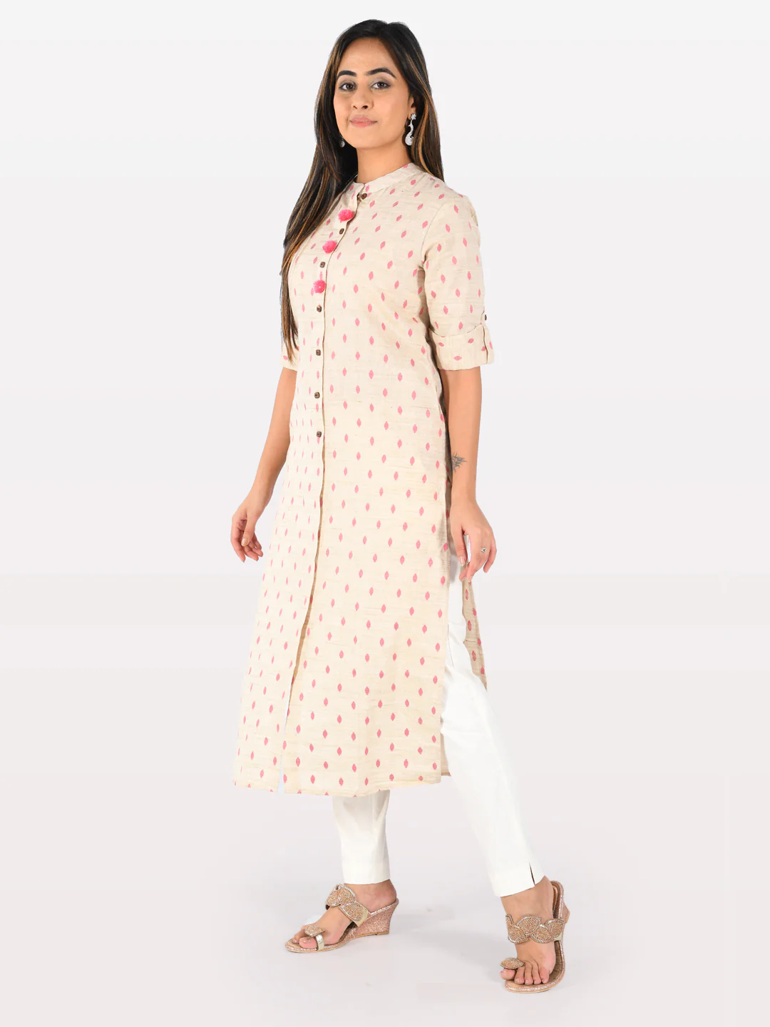 Neerus Women Beige Pink Color Cotton Fabric Tunic "46" - Image 4