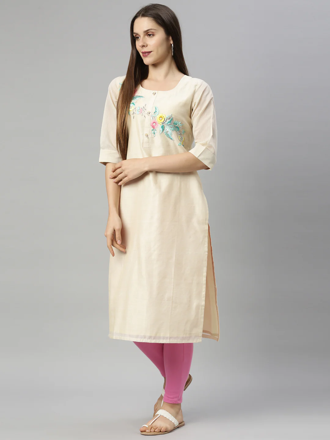 Neerus Women Beige  Pink Floral Embroidered Chanderi Silk Kurta - Image 2