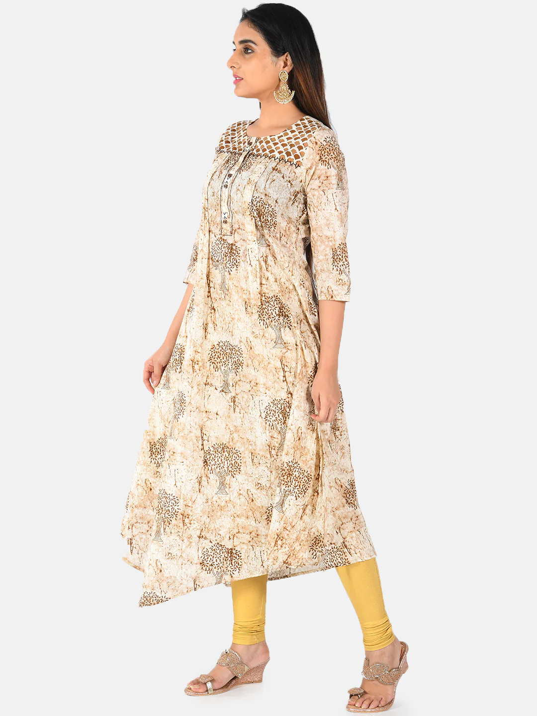 Neerus Women Beige Printed A-Line Kurta - Image 2