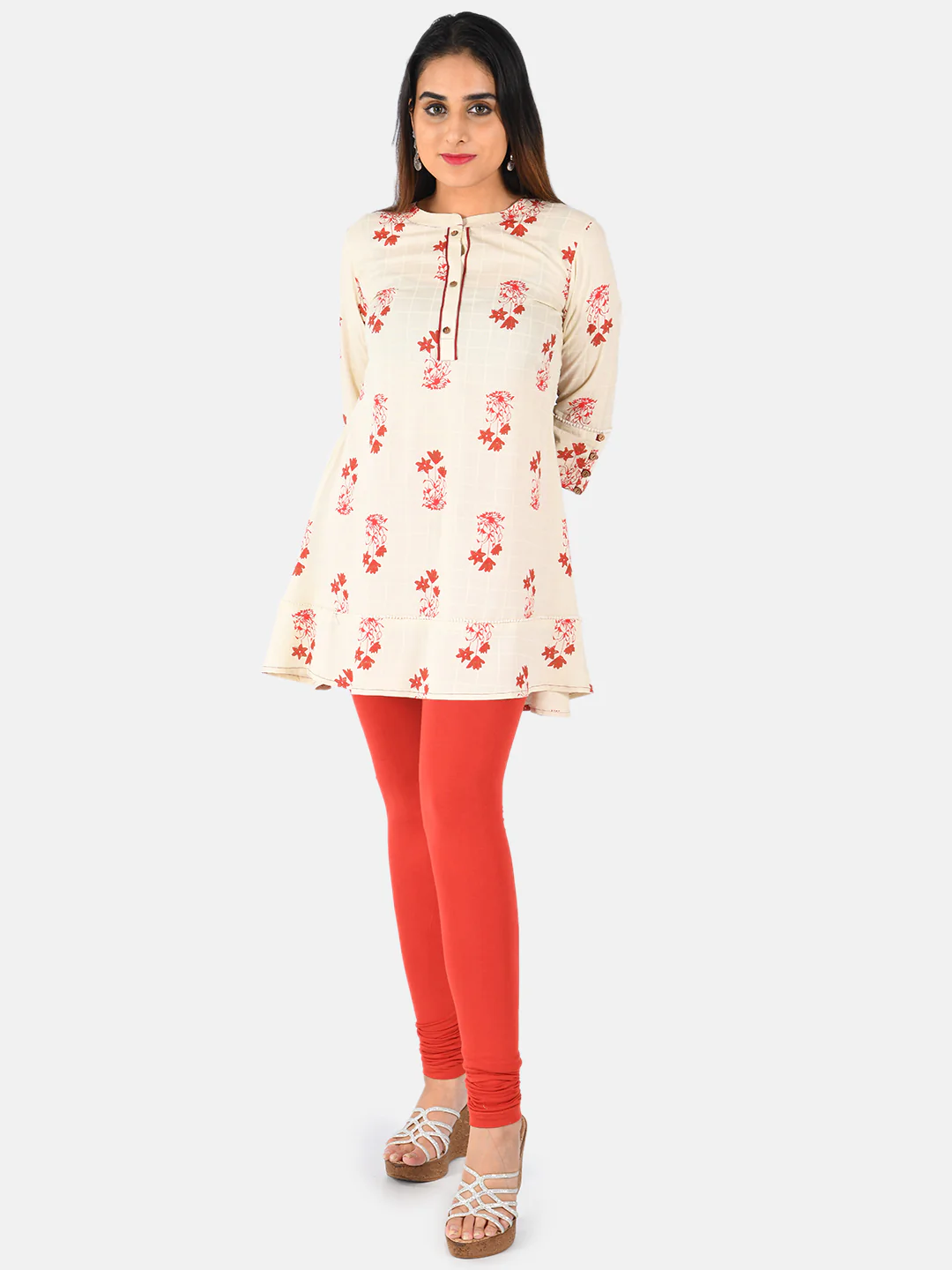 Neerus Women Beige  Red Printed A-Line Kurti - Image 2