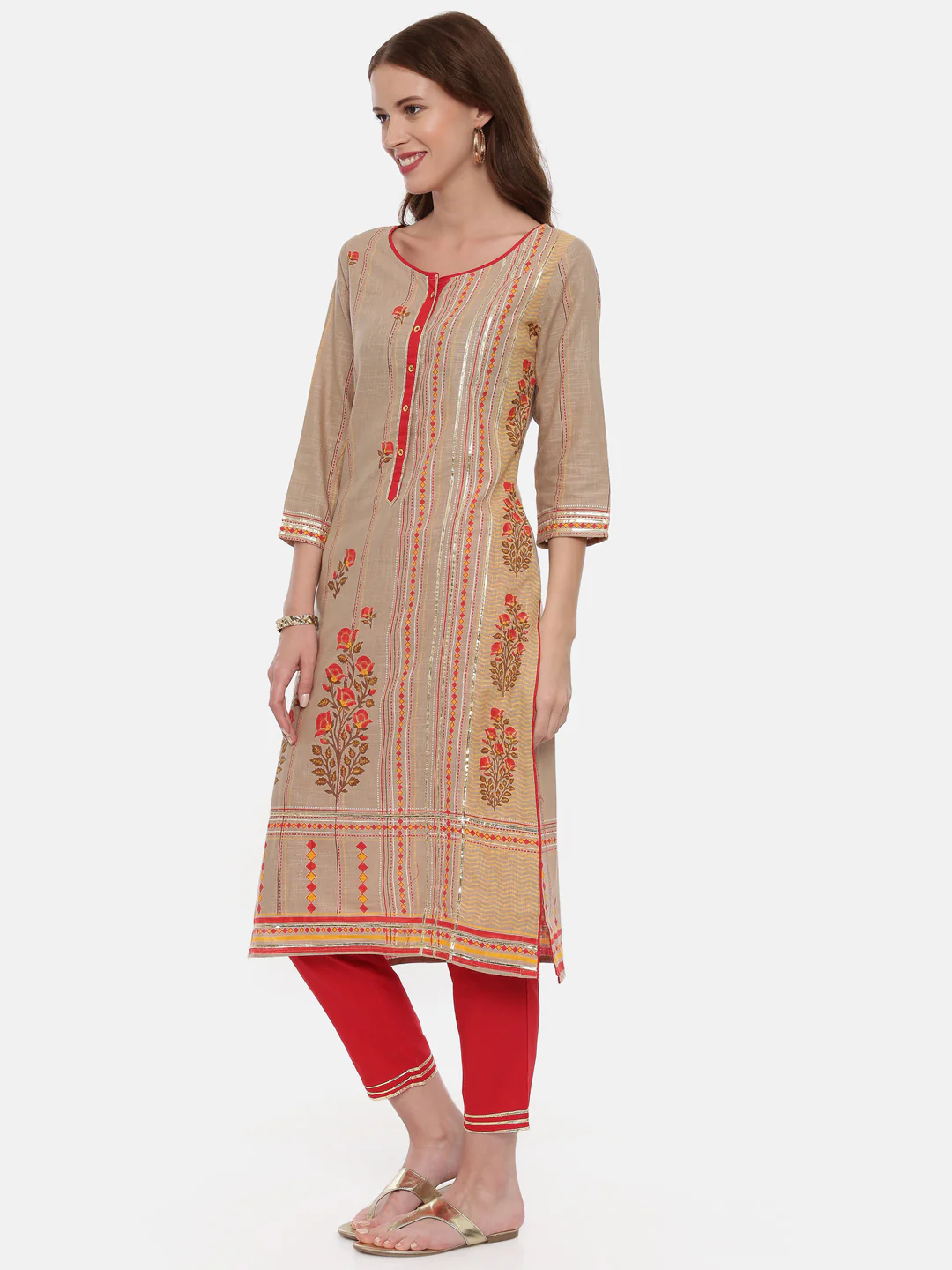 Neerus Women Beige Red Printed Kurta with Trousers - Image 2