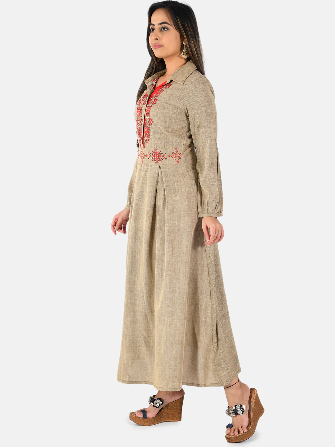 Neerus Women Beige Yoke Design A-Line Kurta - Image 2