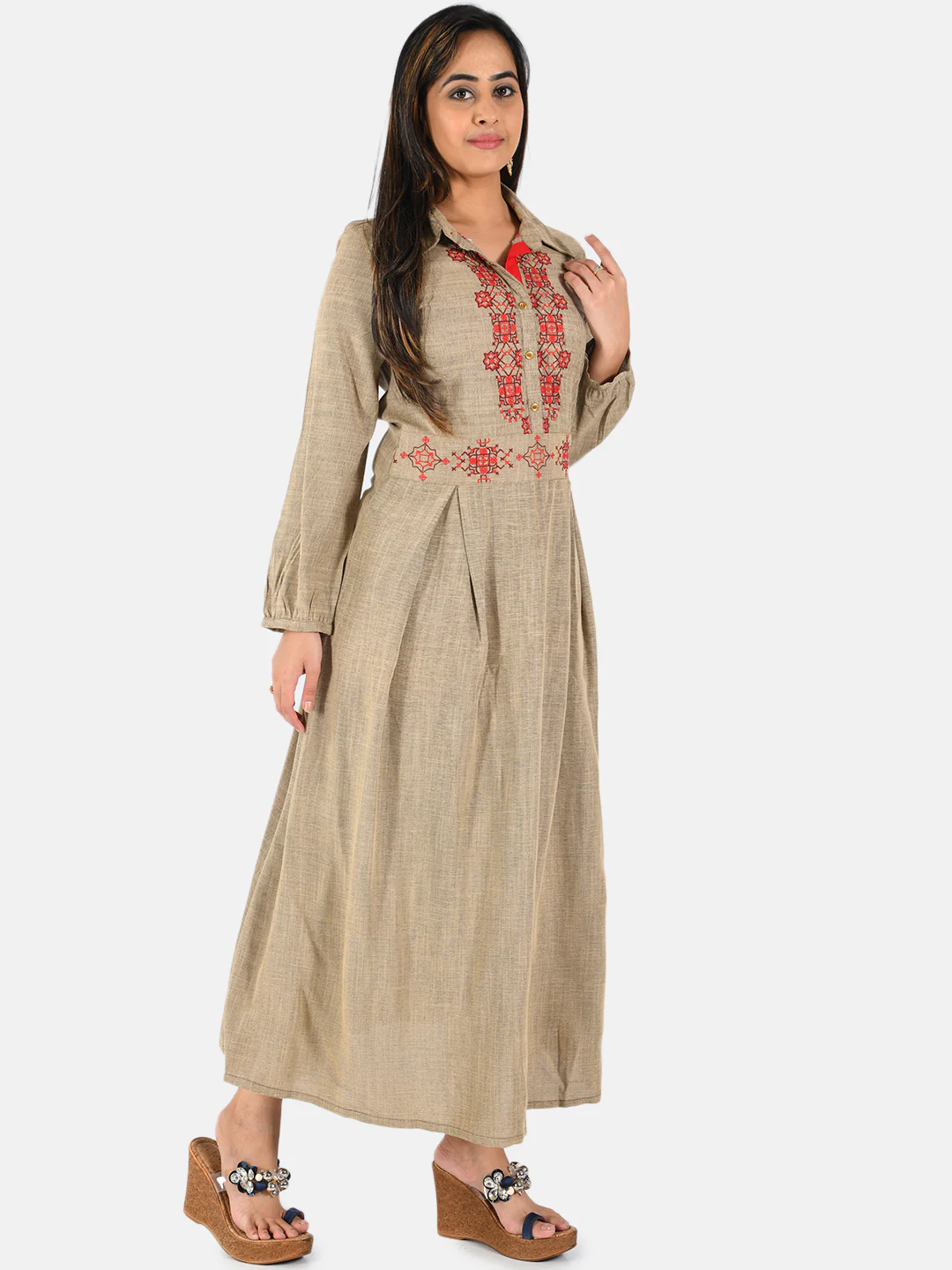 Neerus Women Beige Yoke Design A-Line Kurta - Image 5