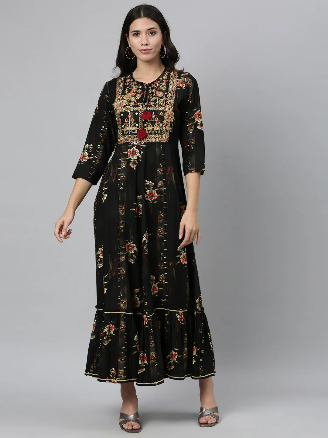 Neerus Women Black Ethnic Motifs Embroidered Floral Anarkali Kurta