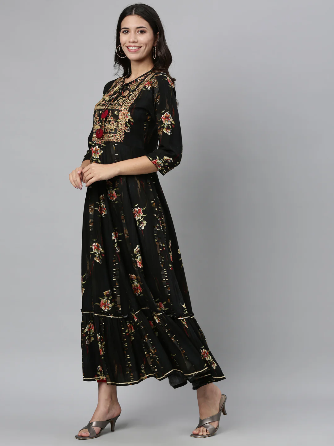 Neerus Women Black Ethnic Motifs Embroidered Floral Anarkali Kurta - Image 2