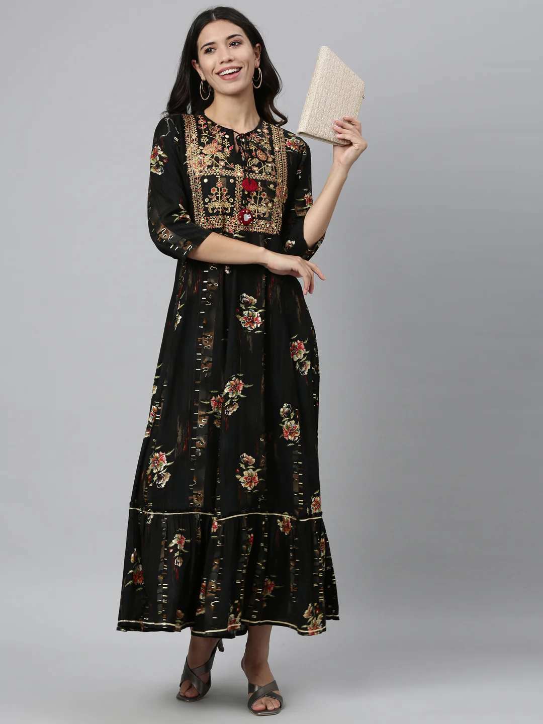 Neerus Women Black Ethnic Motifs Embroidered Floral Anarkali Kurta - Image 5