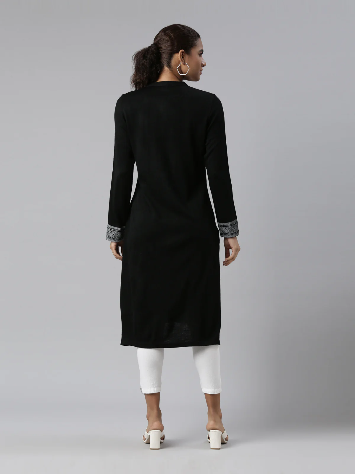 Neerus Winter Wear Black Ethnic Motifs Printed Acrylic Kurta For Women - Image 3
