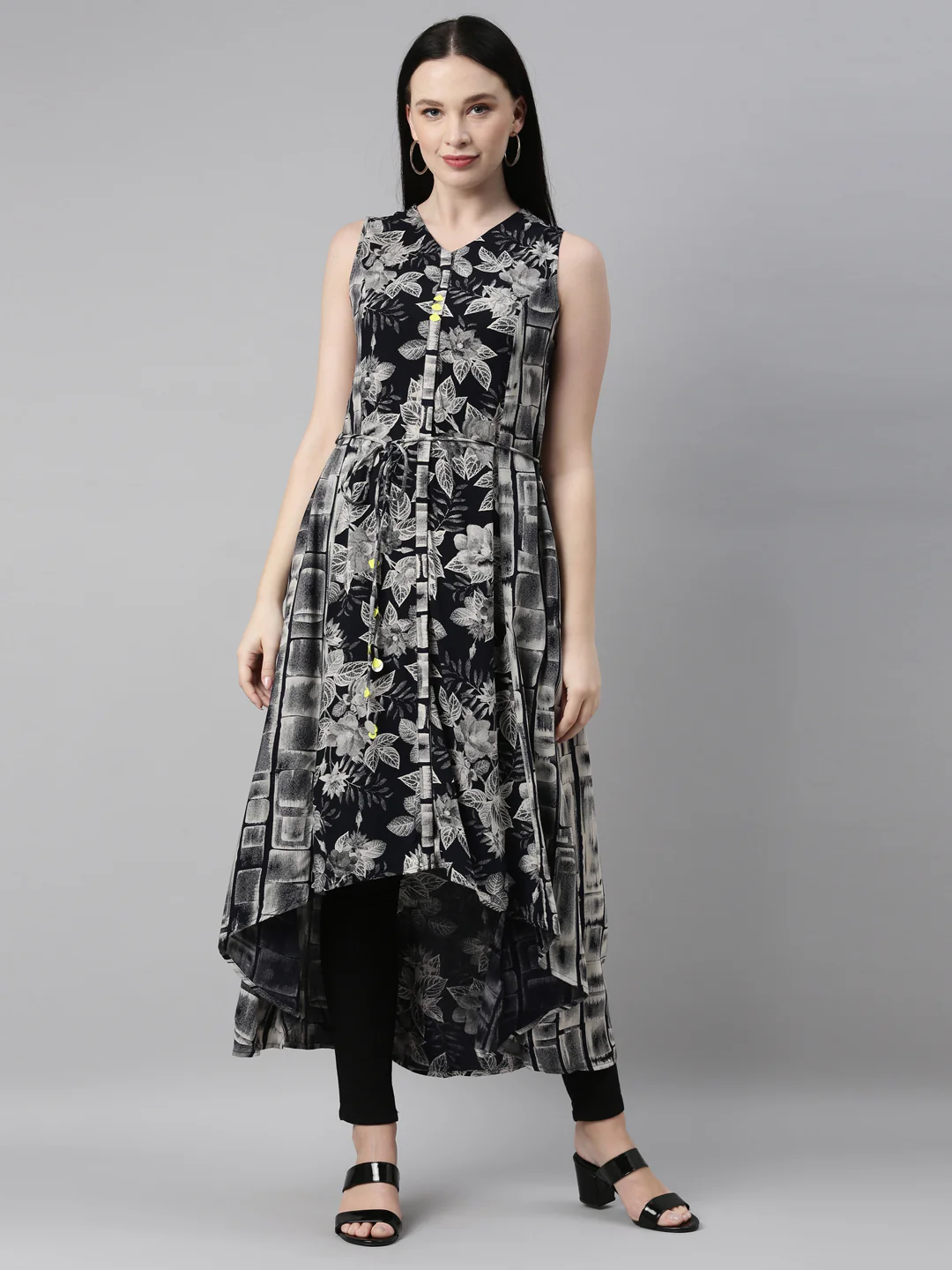 Neerus Women Black Floral Printed Anarkali Kurta