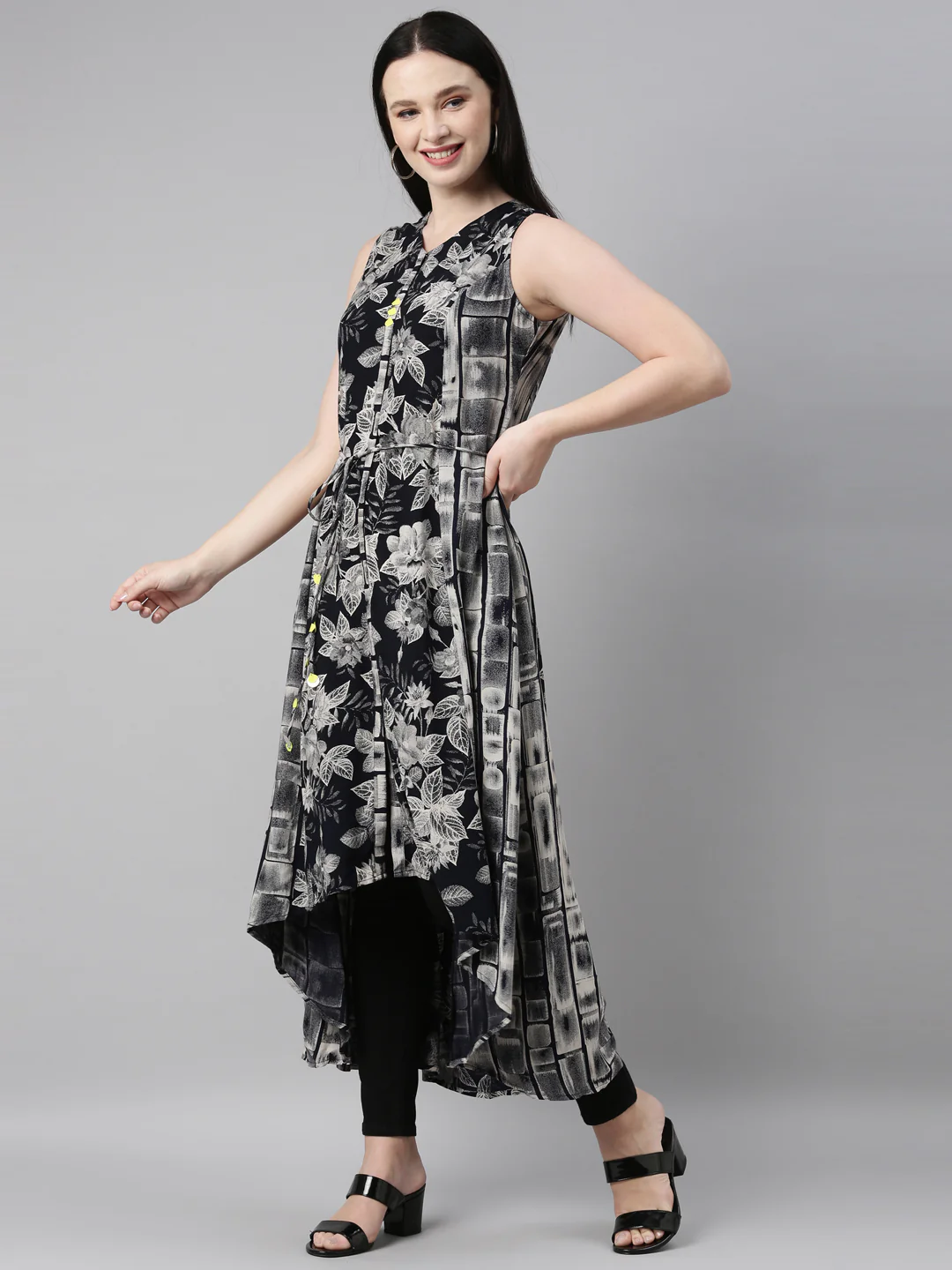 Neerus Women Black Floral Printed Anarkali Kurta - Image 2