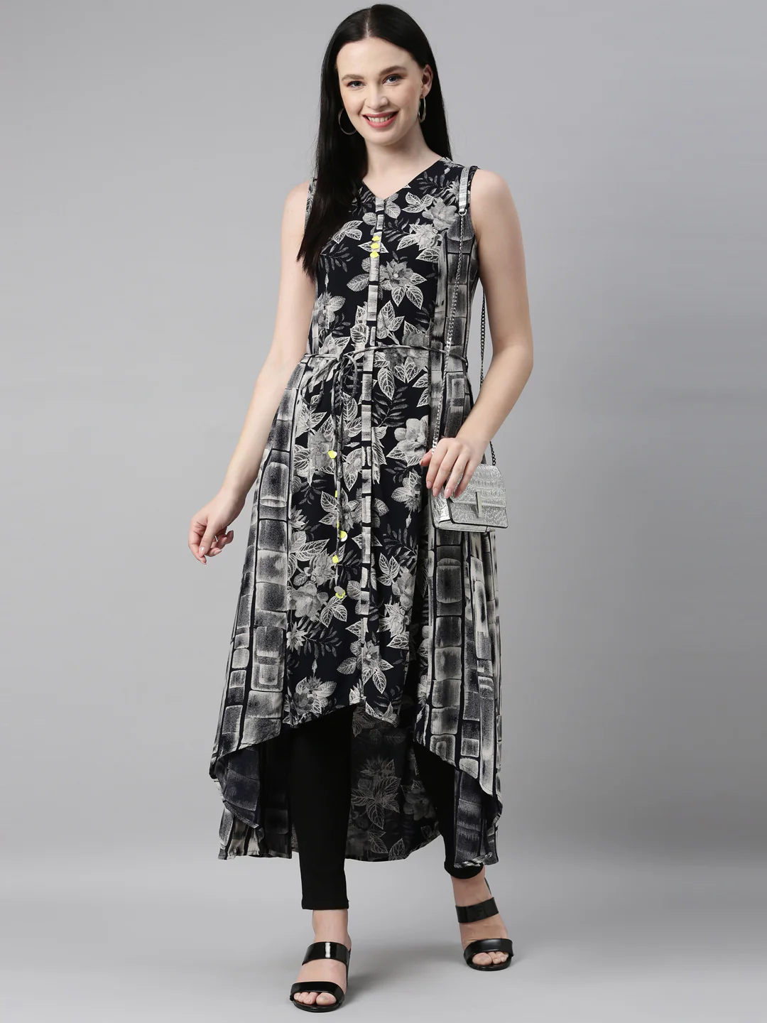Neerus Women Black Floral Printed Anarkali Kurta - Image 6