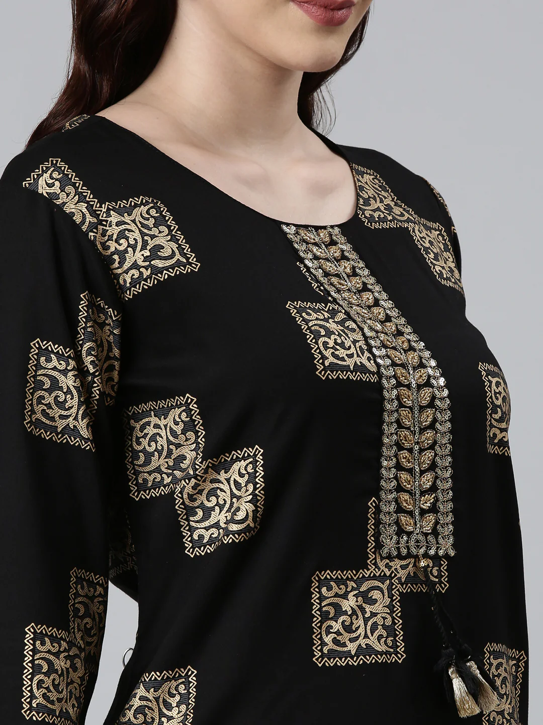 Neerus Women Black Gold-Toned Cotton Printed Kurta - Image 4