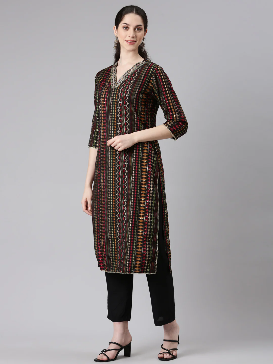Neerus Women Black Straight Kurta and Trousers With Dupatta - Image 2