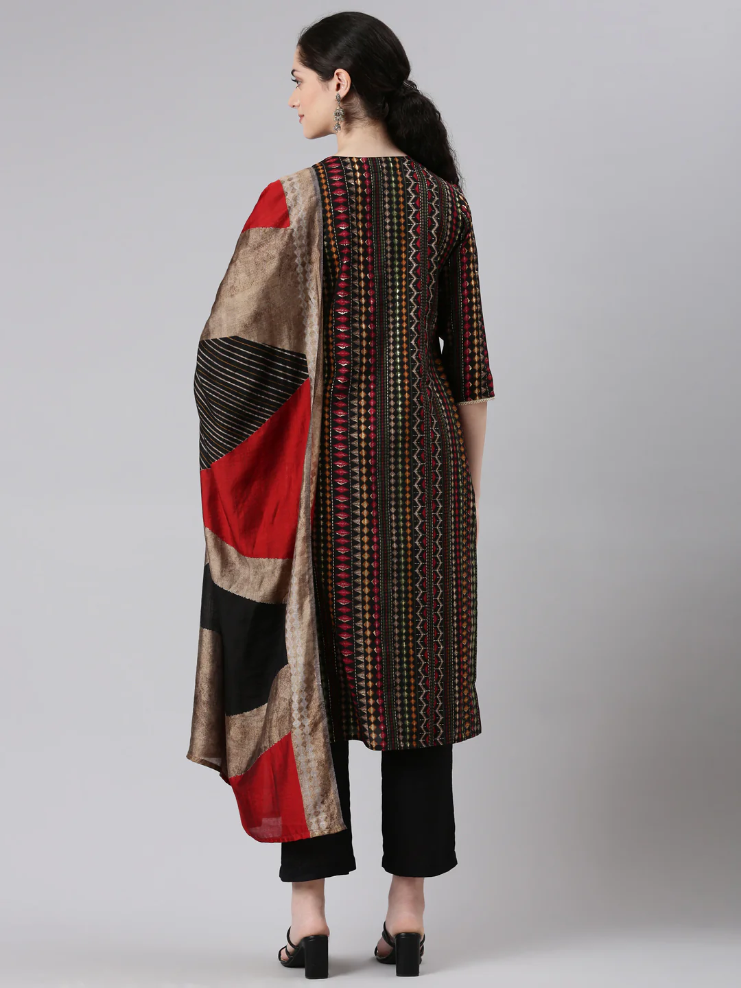 Neerus Women Black Straight Kurta and Trousers With Dupatta - Image 3