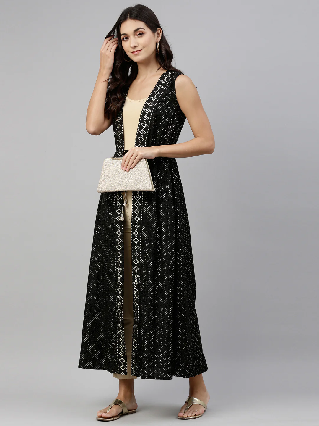 Neerus Women Black With Gold Toned Foil Printed Longline Ethnic Jacket - Image 5