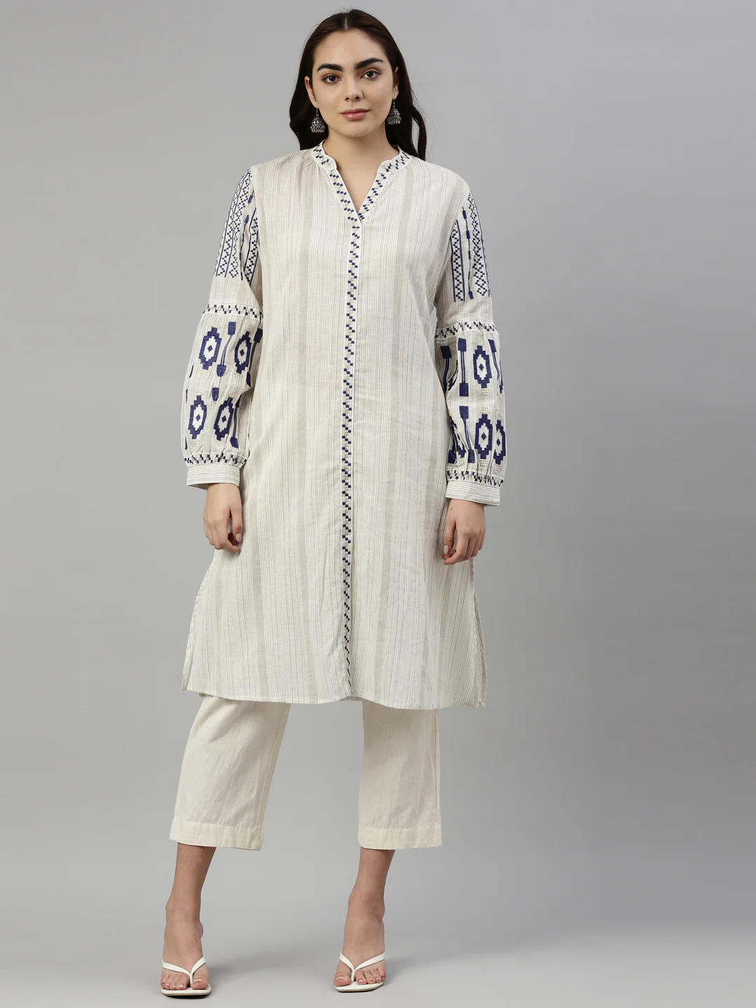Neerus Women Blue cream Striped Kurta