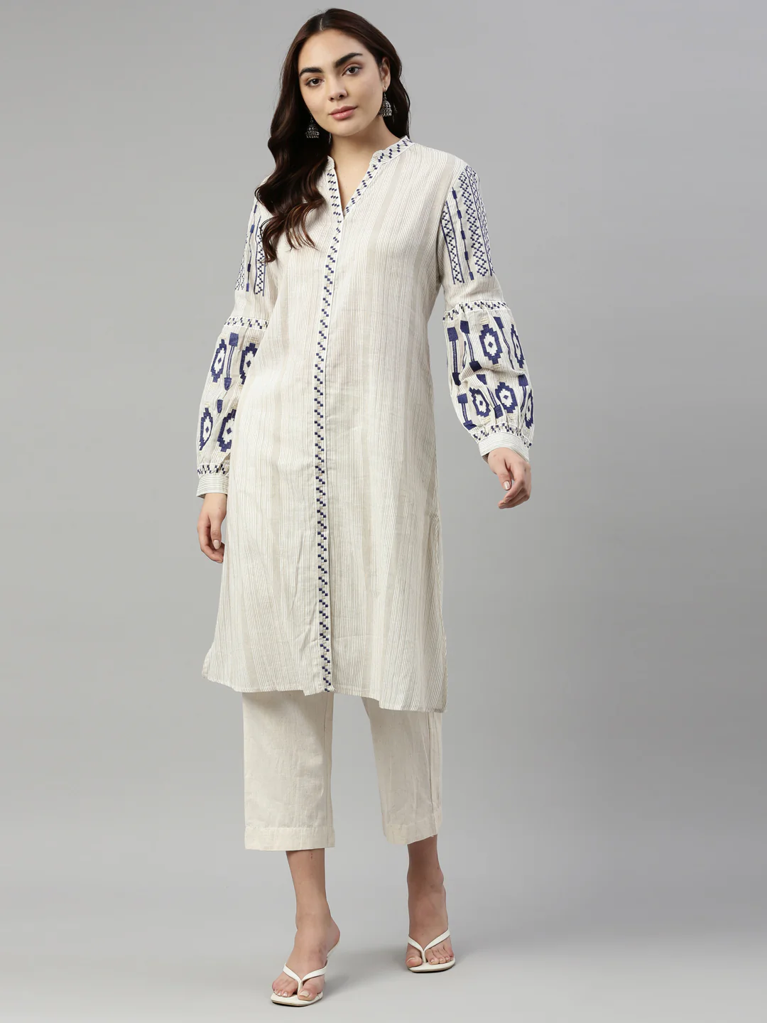 Neerus Women Blue cream Striped Kurta - Image 6