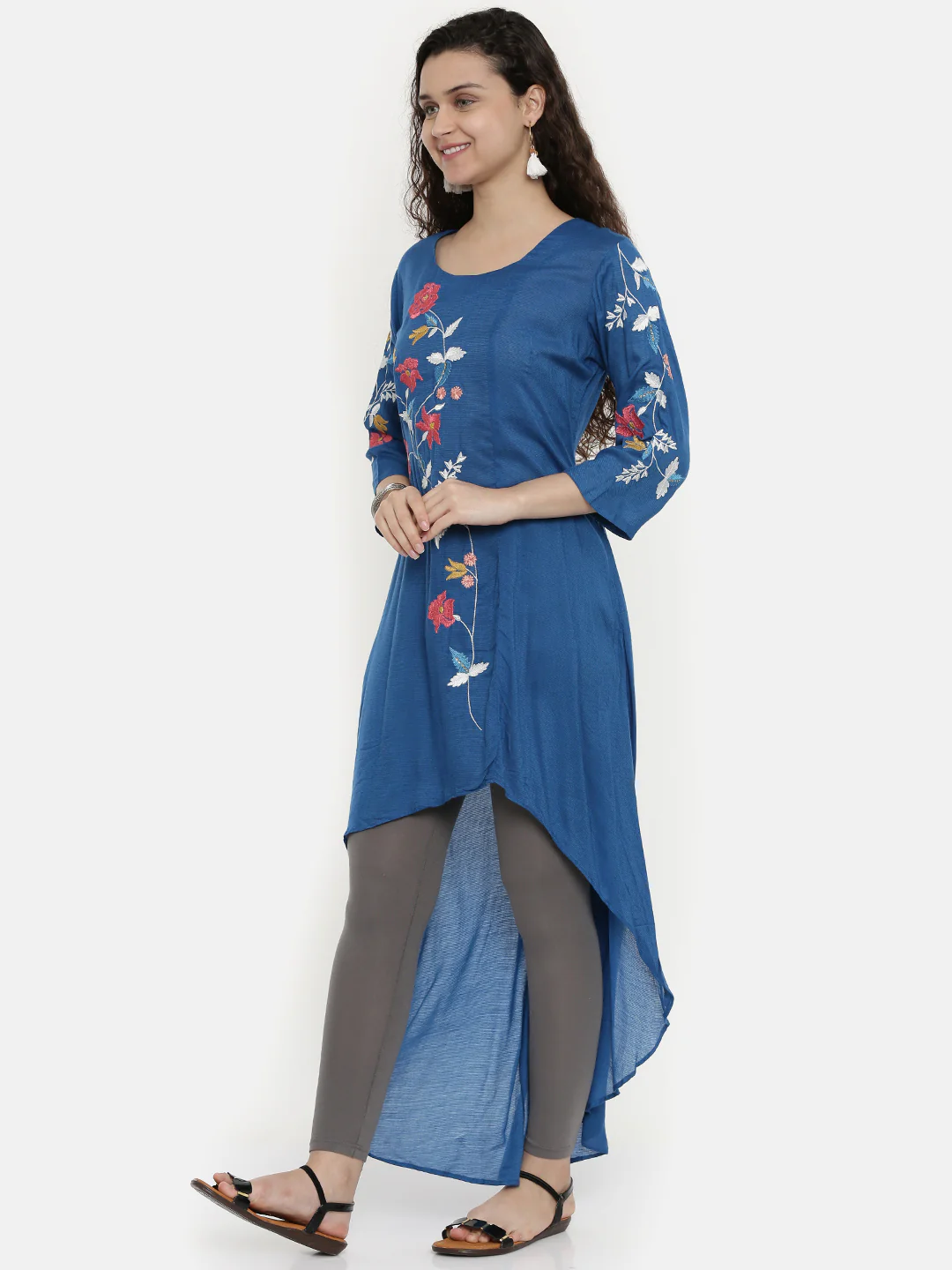 Neerus Women Blue Floral Embroidered A-Line Kurta - Image 3
