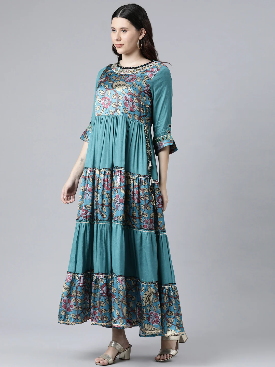 Neerus Women Blue Floral Printed Bell Sleeves Anarkali Kurta - Image 2