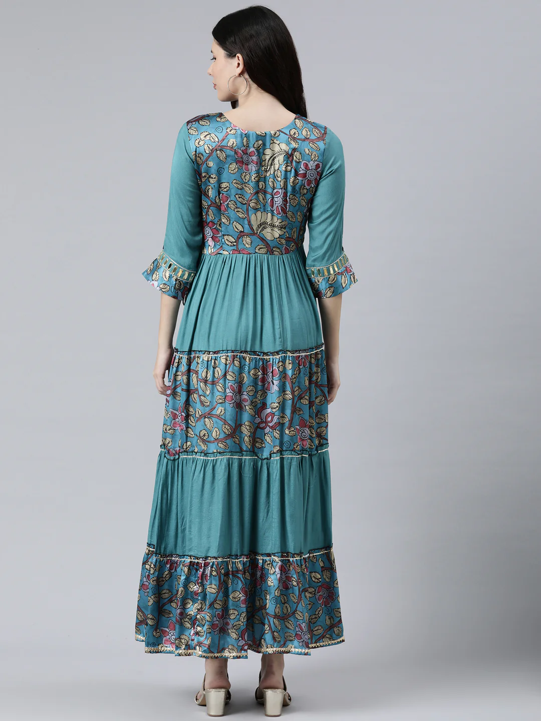 Neerus Women Blue Floral Printed Bell Sleeves Anarkali Kurta - Image 3