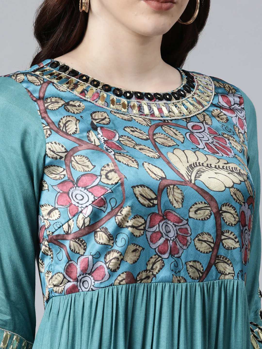 Neerus Women Blue Floral Printed Bell Sleeves Anarkali Kurta - Image 4