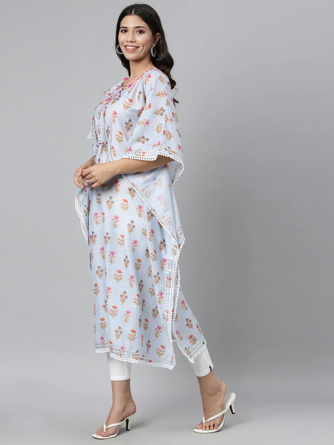 Neerus Women Blue Floral Printed Flared Sleeves Floral Kaftan Kurta - Image 2