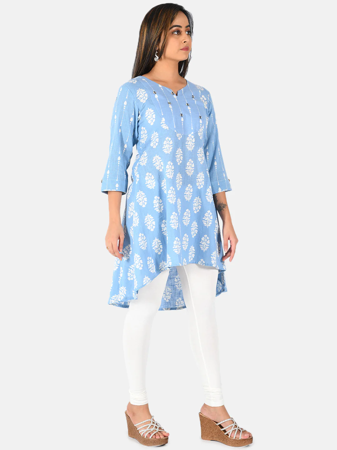 Neerus Women Blue Off-White Printed A-Line Kurta - Image 5