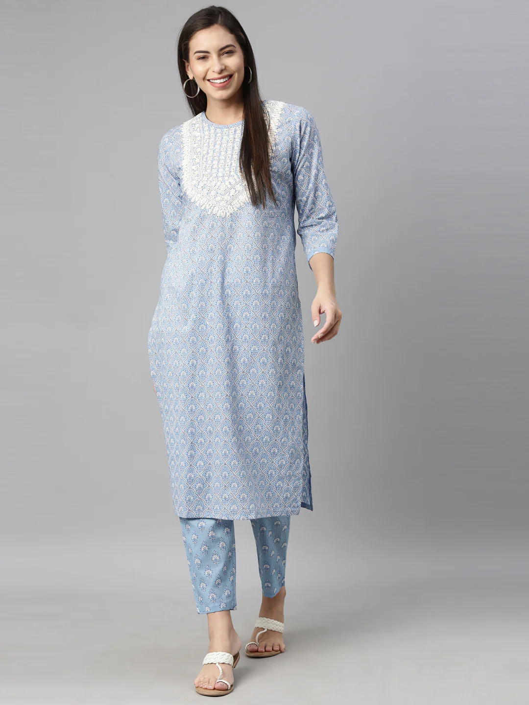 Neerus Women Blue Printed Thread Work Kurta with Trousers - Image 6