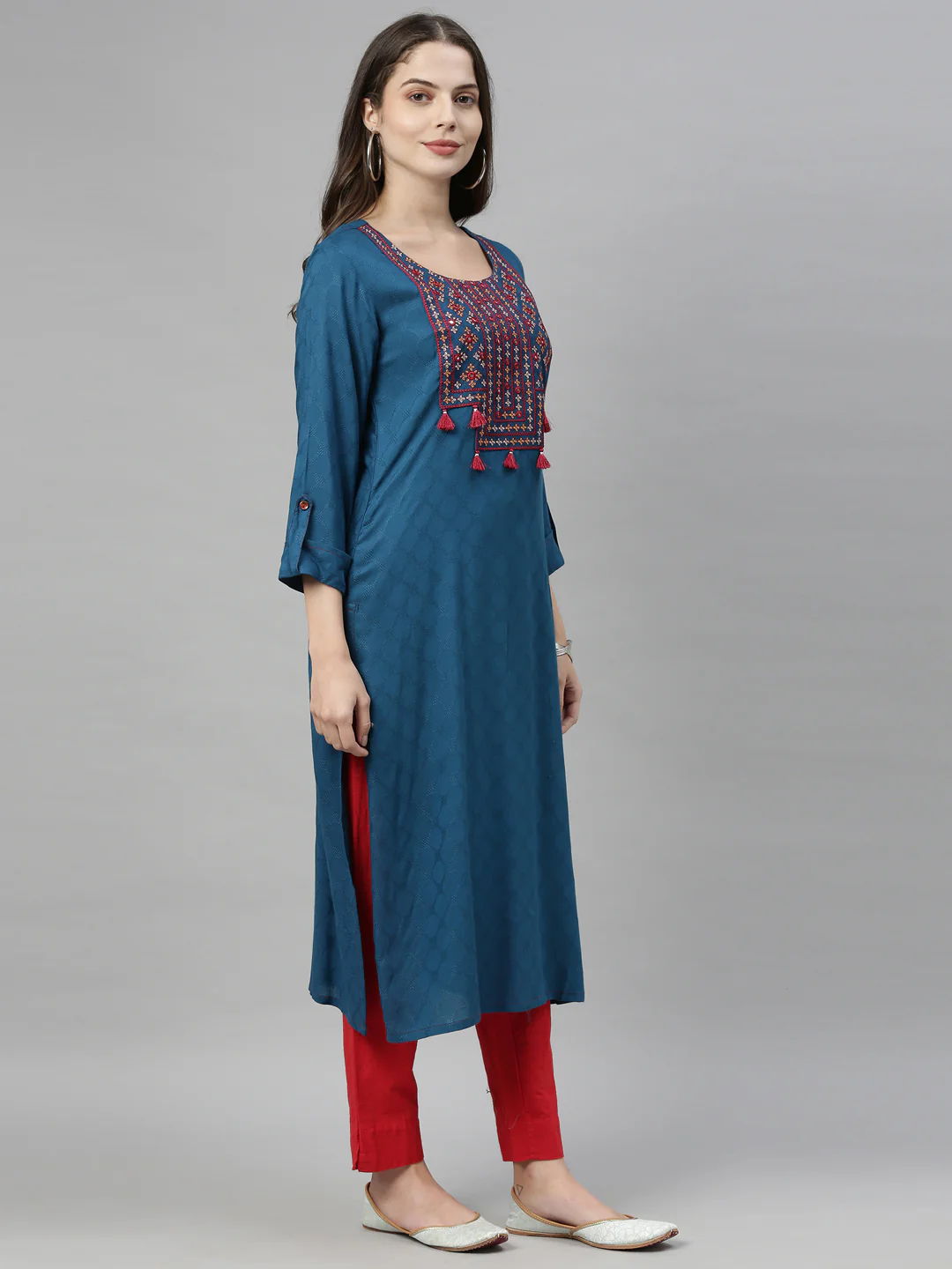 Neerus Women Blue  Red Yoke  Woven Design Thread  Mirror Work Straight Kurta - Image 2