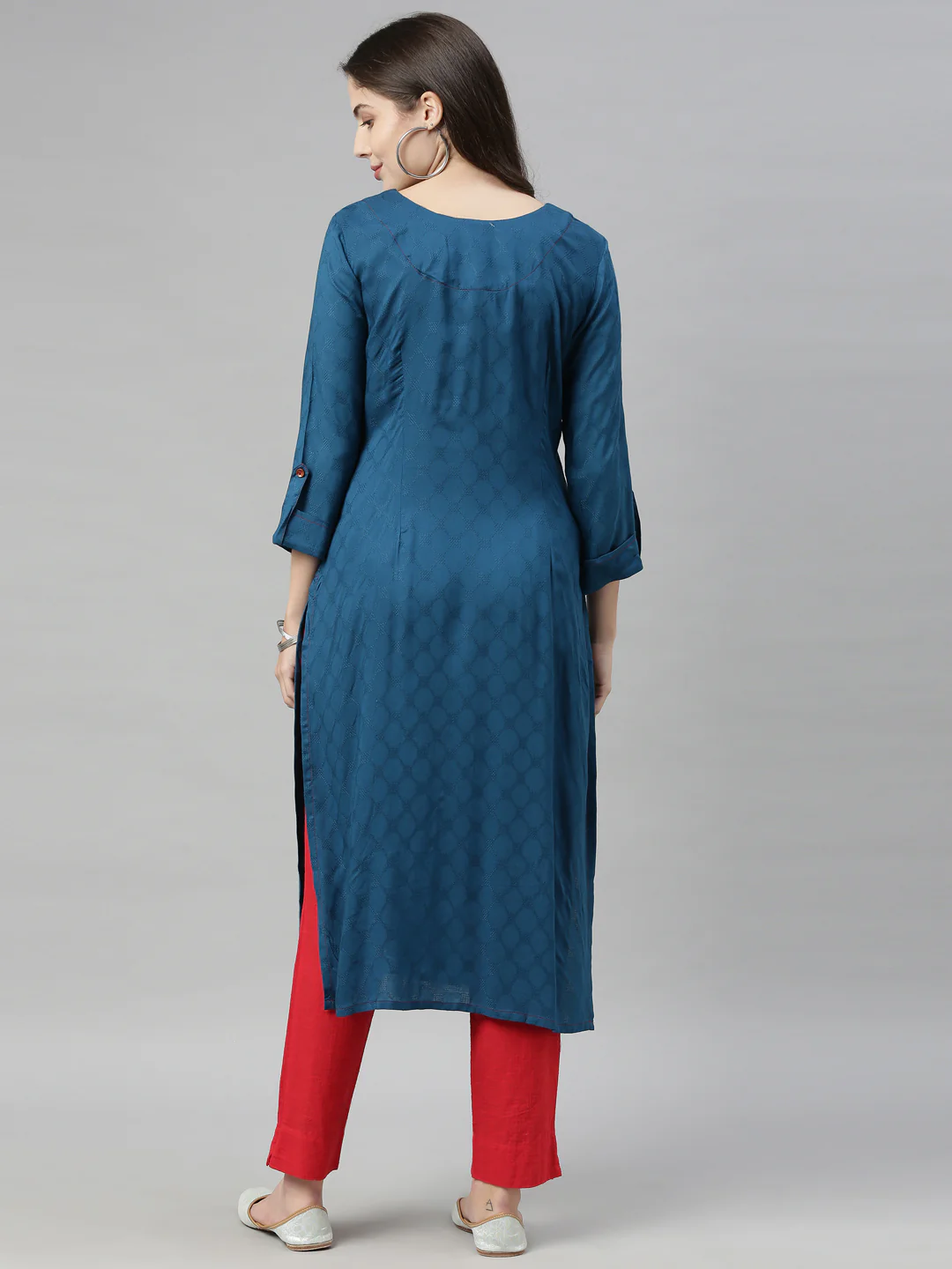Neerus Women Blue  Red Yoke  Woven Design Thread  Mirror Work Straight Kurta - Image 3
