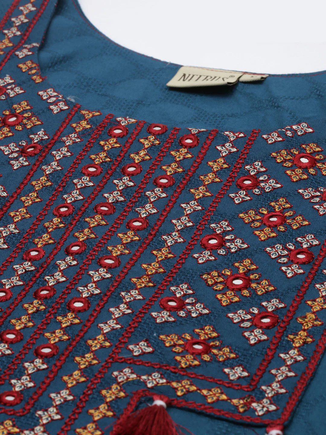 Neerus Women Blue  Red Yoke  Woven Design Thread  Mirror Work Straight Kurta - Image 4
