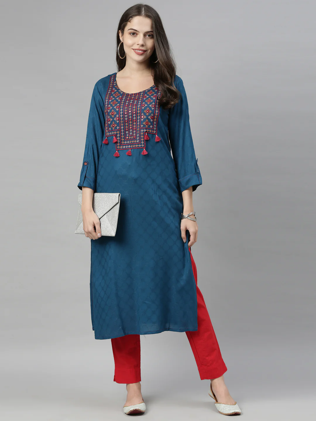 Neerus Women Blue  Red Yoke  Woven Design Thread  Mirror Work Straight Kurta - Image 5
