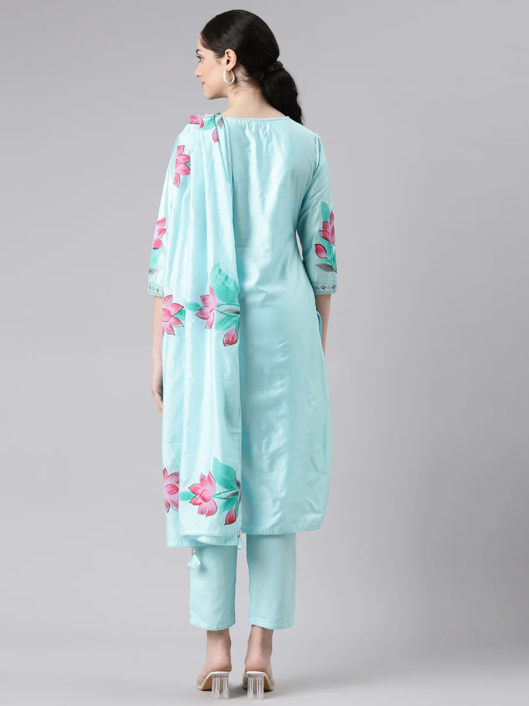 Neerus Women Blue Straight Kurta and Trousers With Dupatta - Image 3
