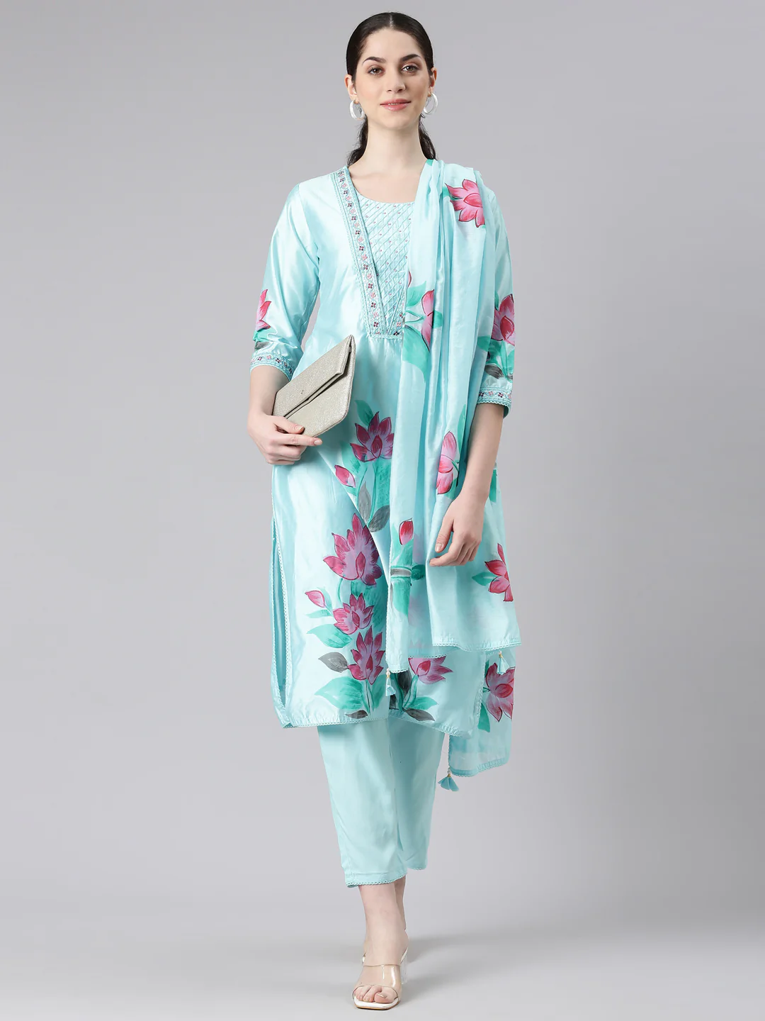 Neerus Women Blue Straight Kurta and Trousers With Dupatta - Image 5