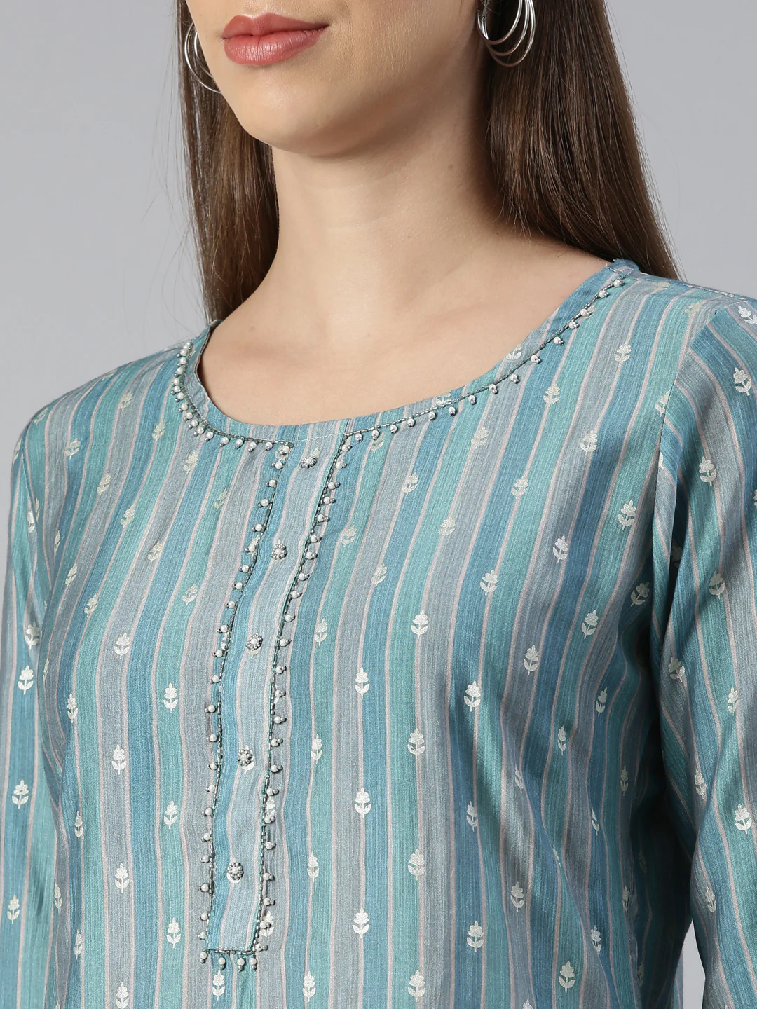 Neerus Women Blue Yoke Design Knee Length Kurta And Trousers With Dupatta - Image 4