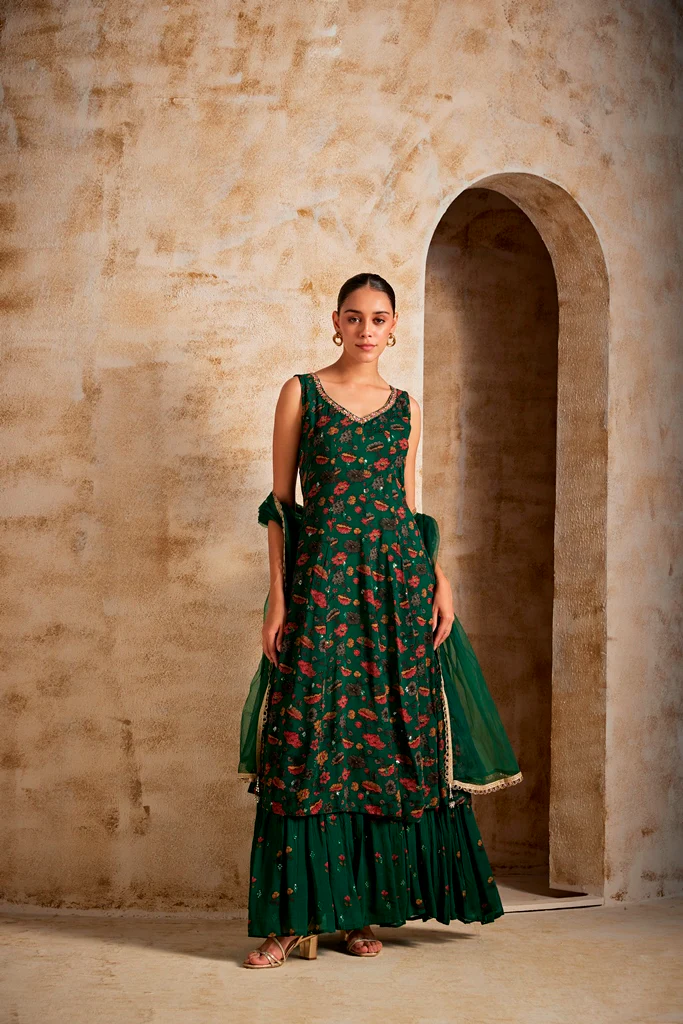 Neerus Women Bottle Green Color Georgette Fabric Gown - Image 2