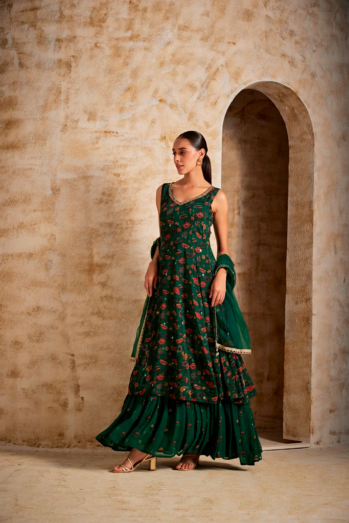 Neerus Women Bottle Green Color Georgette Fabric Gown - Image 3