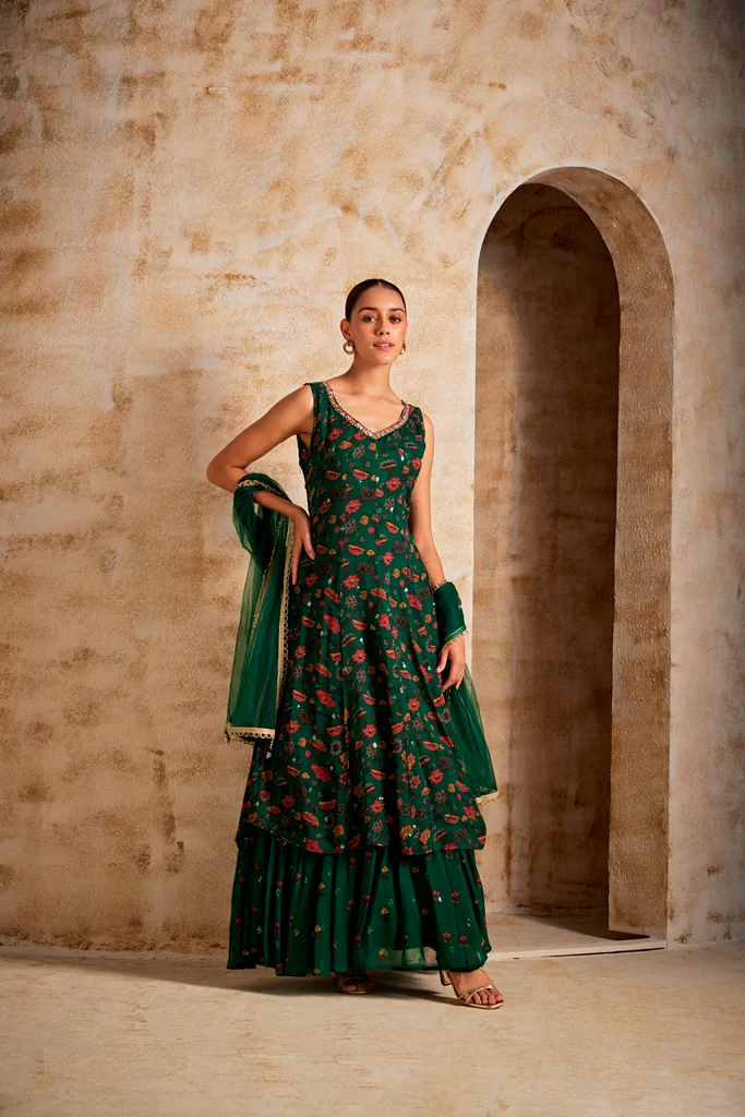 Neerus Women Bottle Green Color Georgette Fabric Gown - Image 4