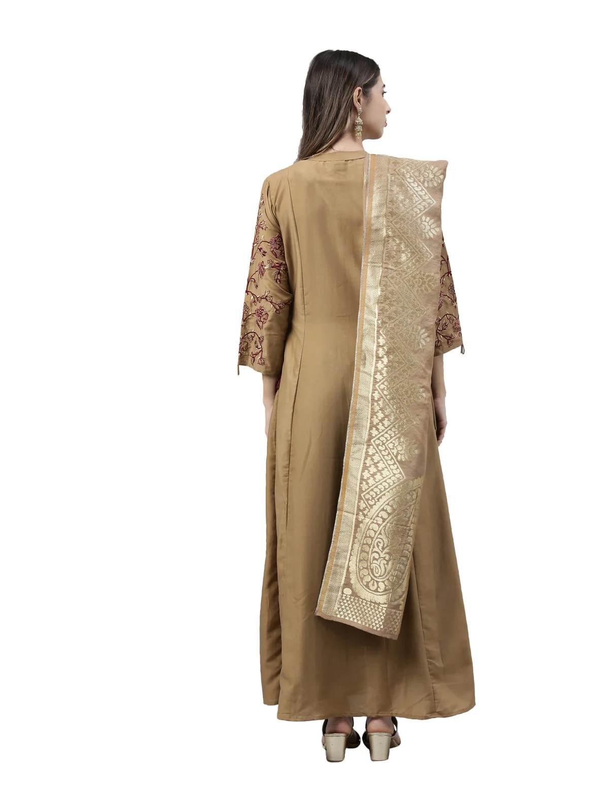 Neerus Women Brown Golden Ethnic Motifs Thread Work Kurta - Image 4