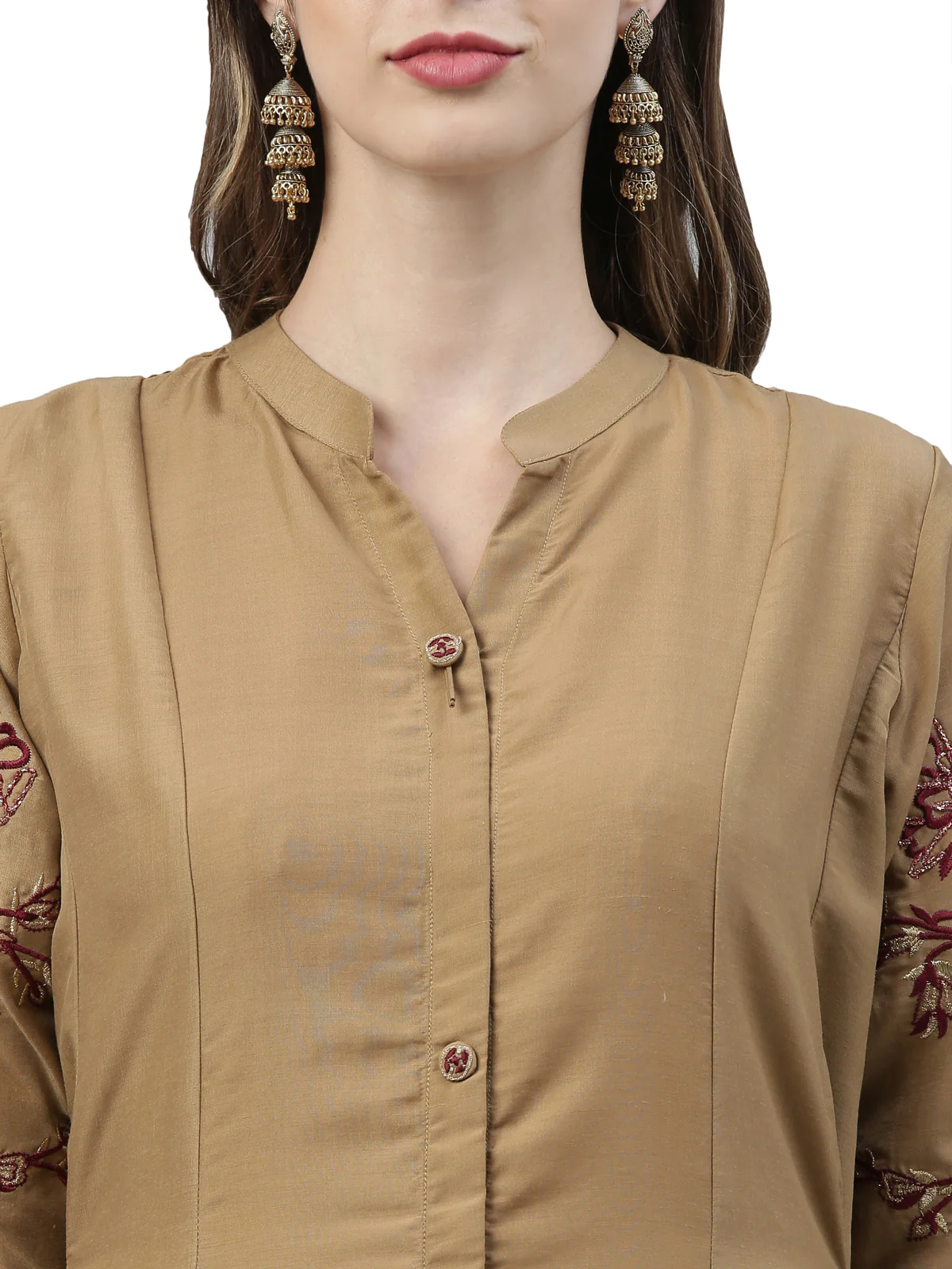 Neerus Women Brown Golden Ethnic Motifs Thread Work Kurta - Image 5